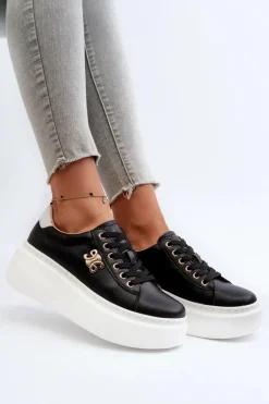 Skórzane Sneakersy Damskie Na Platformie Czarne Pernalia