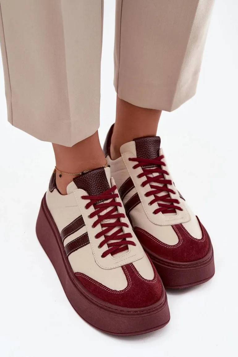 Skórzane Sneakersy Damskie Na Platformie Zazoo 3775 Beżowo-Bordowe