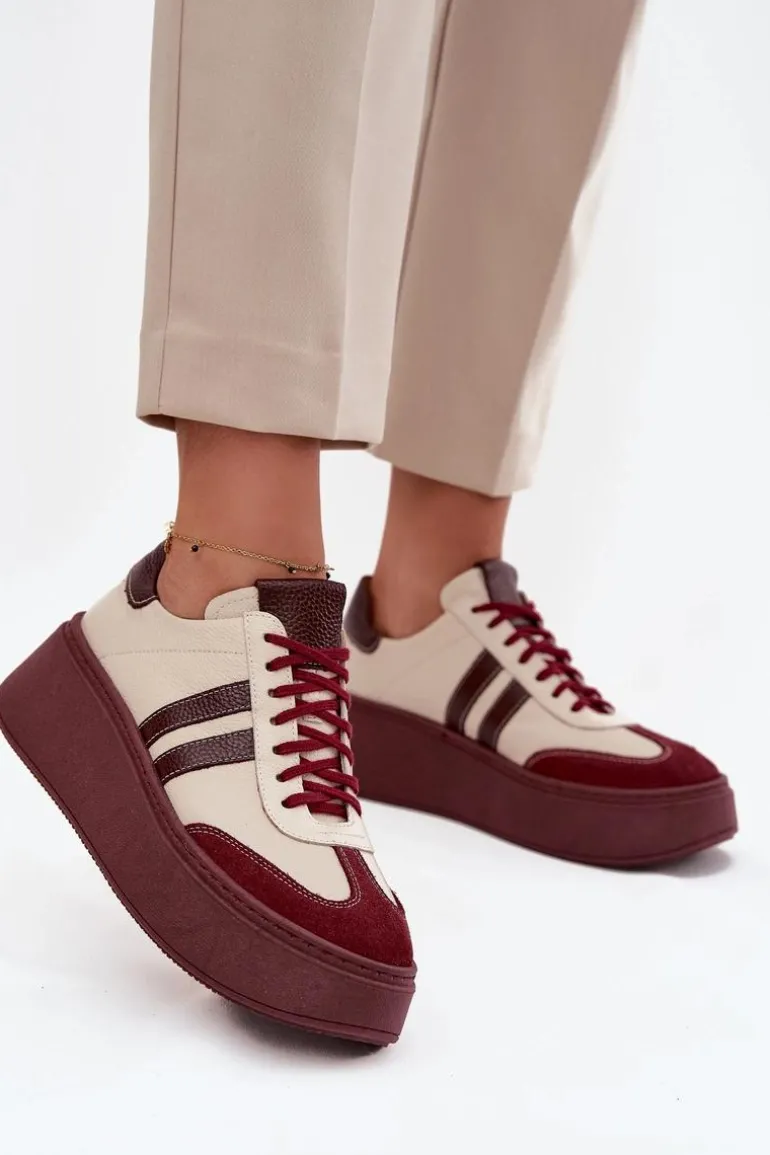 Skórzane Sneakersy Damskie Na Platformie Zazoo 3775 Beżowo-Bordowe