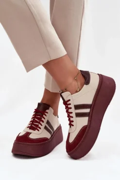 Skórzane Sneakersy Damskie Na Platformie Zazoo 3775 Beżowo-Bordowe