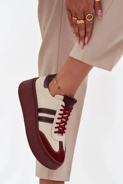 Skórzane Sneakersy Damskie Na Platformie Zazoo 3775 Beżowo-Bordowe