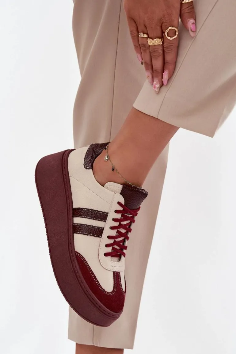 Skórzane Sneakersy Damskie Na Platformie Zazoo 3775 Beżowo-Bordowe