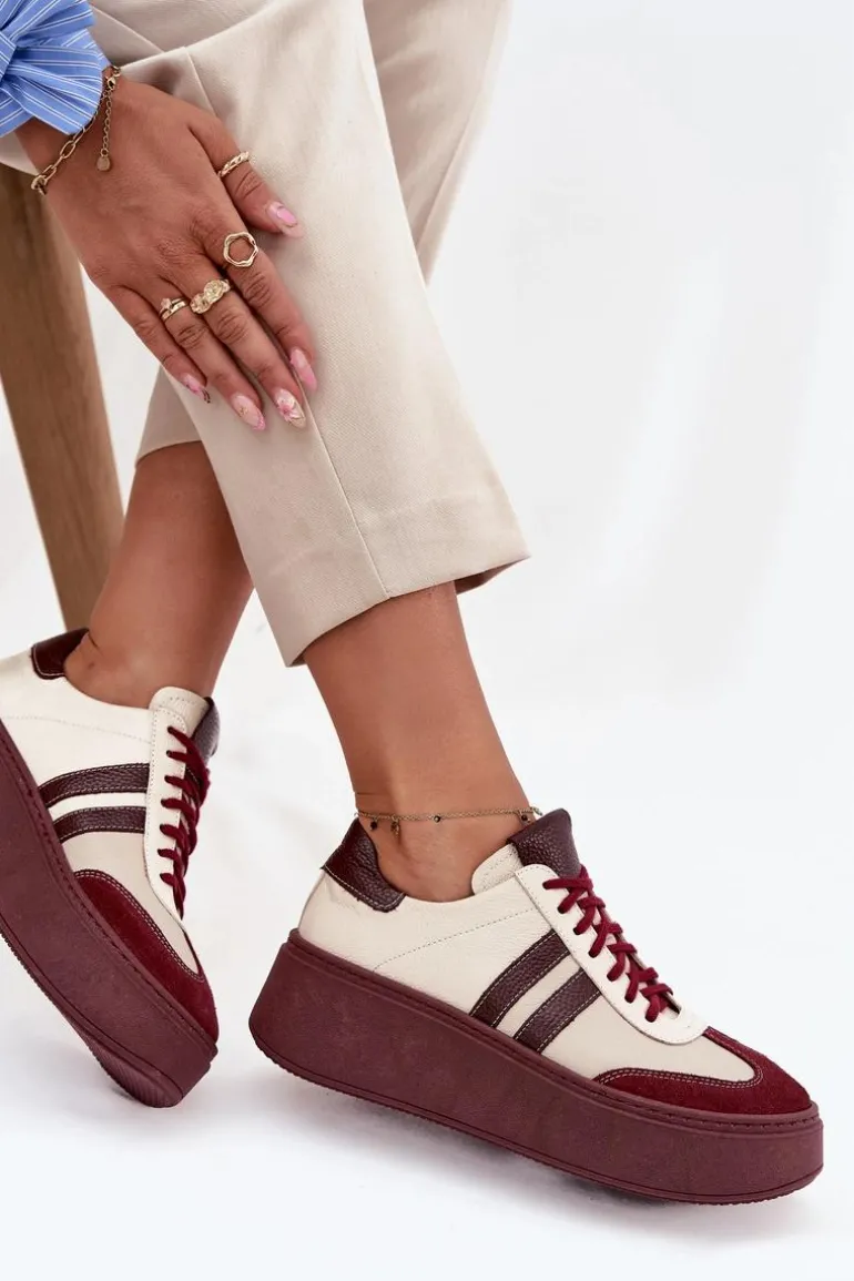 Skórzane Sneakersy Damskie Na Platformie Zazoo 3775 Beżowo-Bordowe