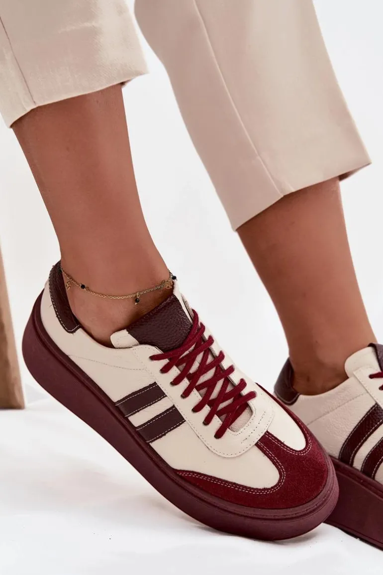 Skórzane Sneakersy Damskie Na Platformie Zazoo 3775 Beżowo-Bordowe