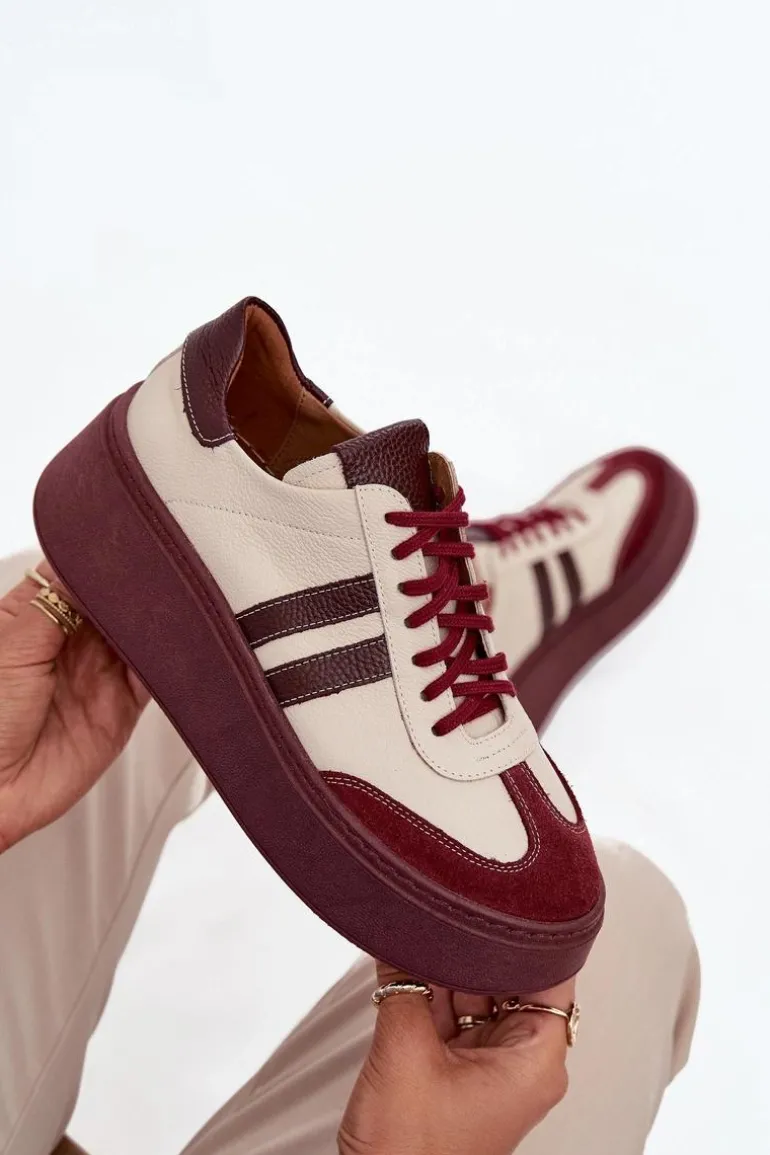 Skórzane Sneakersy Damskie Na Platformie Zazoo 3775 Beżowo-Bordowe
