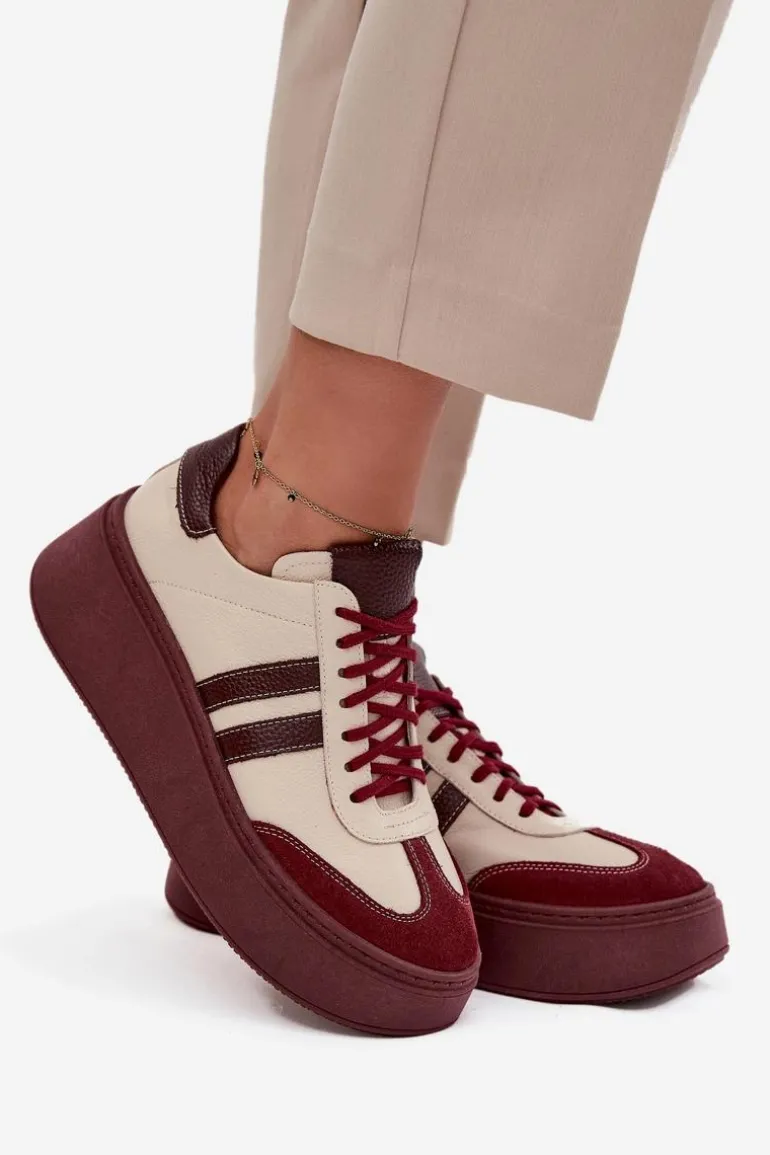Skórzane Sneakersy Damskie Na Platformie Zazoo 3775 Beżowo-Bordowe