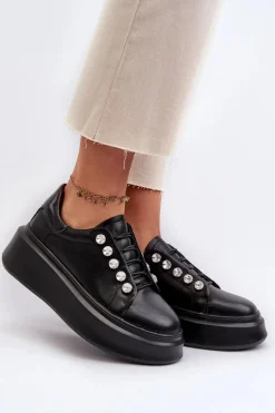 Skórzane Sneakersy Damskie Na Masywnej Platformie Czarne S.Barski LR628