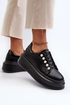 Skórzane Sneakersy Damskie Na Masywnej Platformie Czarne S.Barski LR628