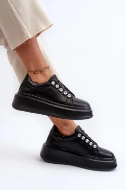 Skórzane Sneakersy Damskie Na Masywnej Platformie Czarne S.Barski LR628