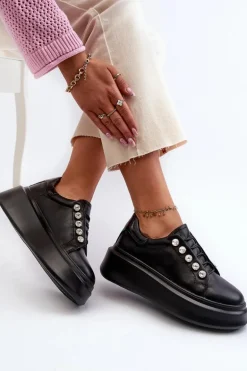 Skórzane Sneakersy Damskie Na Masywnej Platformie Czarne S.Barski LR628