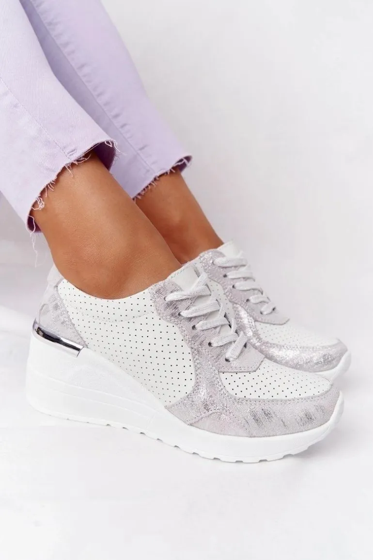 Skórzane Sneakersy Na Koturnie S.Barski Biało-Srebrne