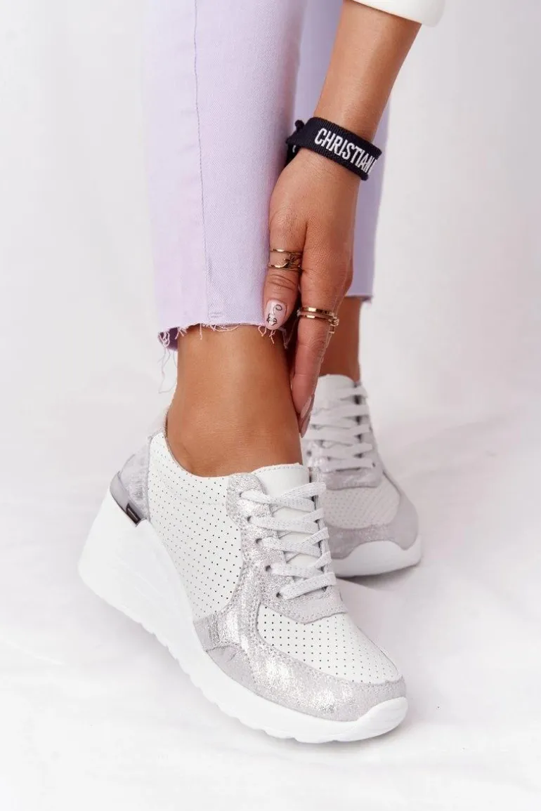 Skórzane Sneakersy Na Koturnie S.Barski Biało-Srebrne