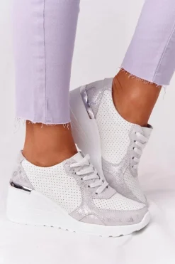 Skórzane Sneakersy Na Koturnie S.Barski Biało-Srebrne