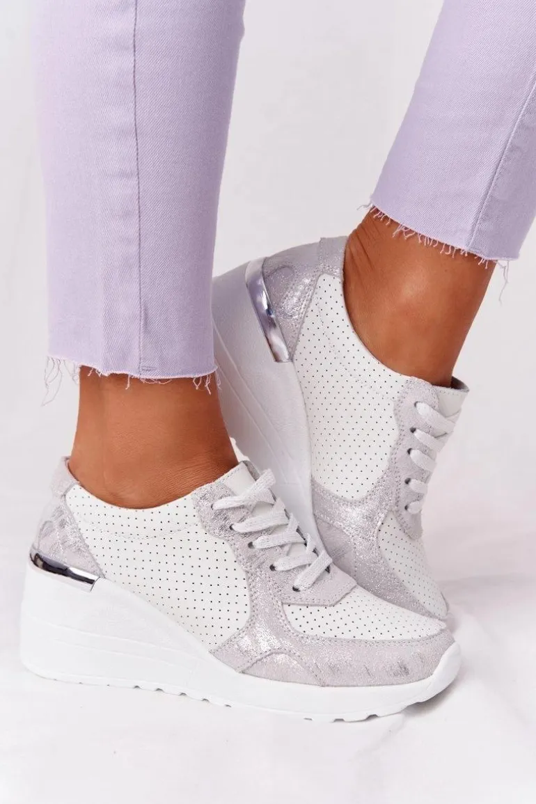 Skórzane Sneakersy Na Koturnie S.Barski Biało-Srebrne