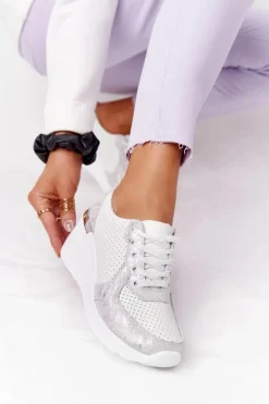 Skórzane Sneakersy Na Koturnie S.Barski Biało-Srebrne