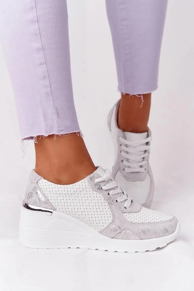 Skórzane Sneakersy Na Koturnie S.Barski Biało-Srebrne