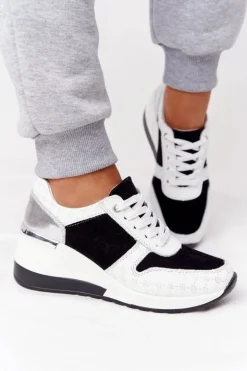 Skórzane Sneakersy Na Koturnie S.Barski Czarno-Białe