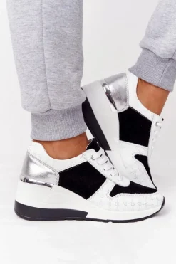 Skórzane Sneakersy Na Koturnie S.Barski Czarno-Białe