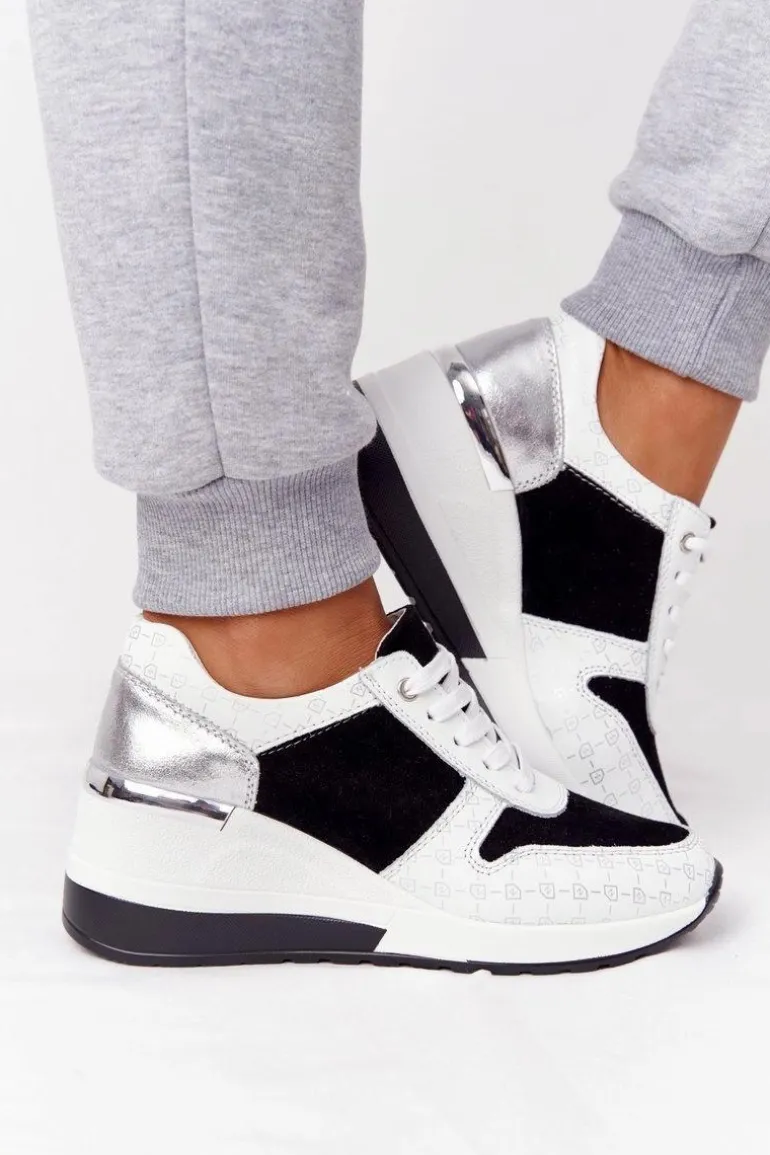 Skórzane Sneakersy Na Koturnie S.Barski Czarno-Białe
