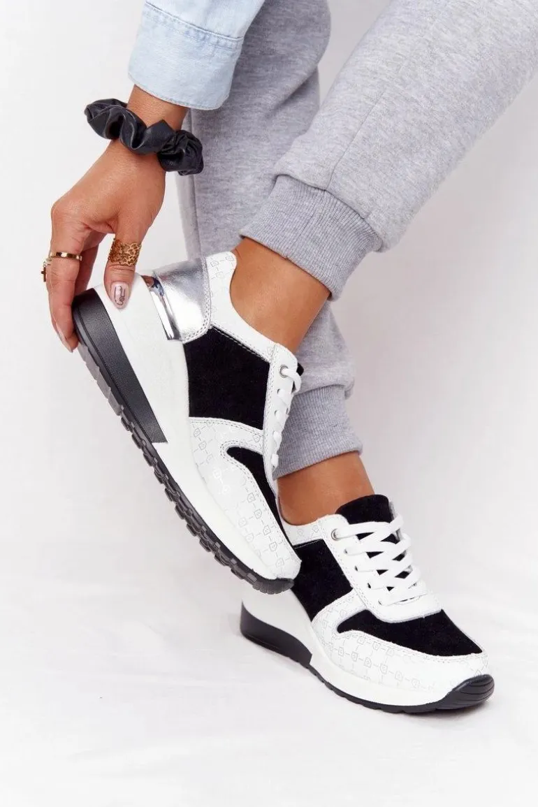 Skórzane Sneakersy Na Koturnie S.Barski Czarno-Białe