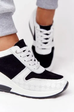 Skórzane Sneakersy Na Koturnie S.Barski Czarno-Białe