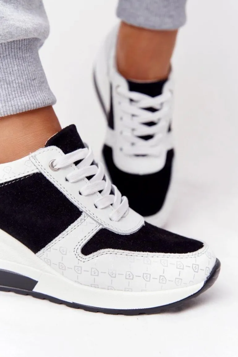 Skórzane Sneakersy Na Koturnie S.Barski Czarno-Białe