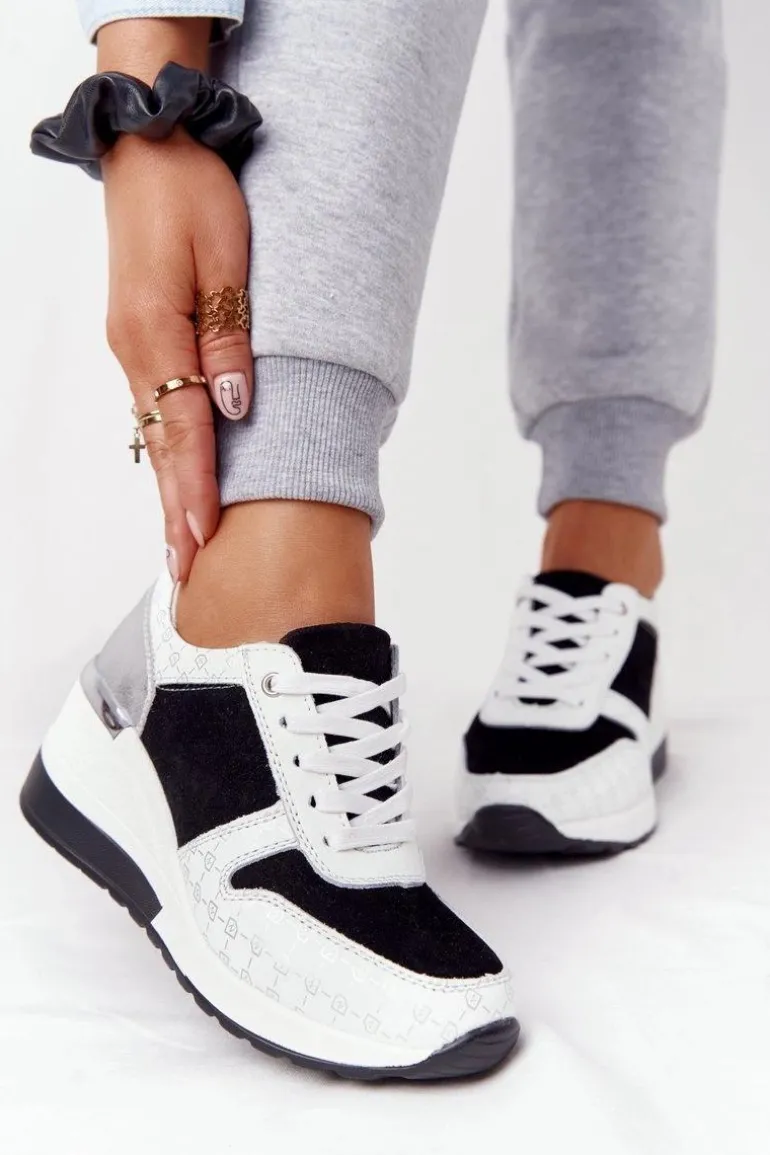 Skórzane Sneakersy Na Koturnie S.Barski Czarno-Białe