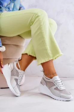 Skórzane Sneakersy Na Koturnie Z Siateczką S.Barski Srebrne