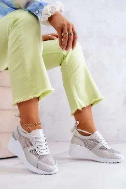 Skórzane Sneakersy Na Koturnie Z Siateczką S.Barski Srebrne