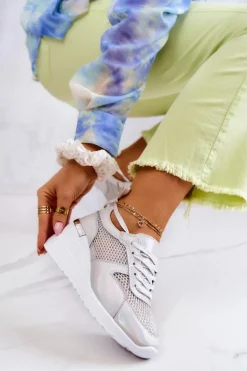 Skórzane Sneakersy Na Koturnie Z Siateczką S.Barski Srebrne