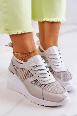 Skórzane Sneakersy Na Koturnie Z Siateczką S.Barski Srebrne