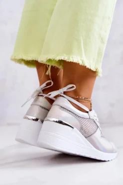 Skórzane Sneakersy Na Koturnie Z Siateczką S.Barski Srebrne