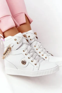 Skórzane Sneakersy Na Koturnie Lewski Shoes 3004-0 Białe