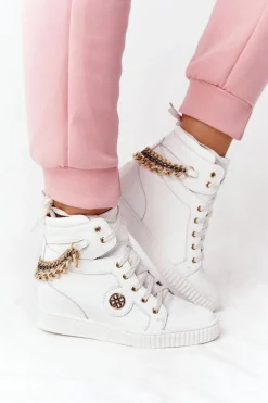 Skórzane Sneakersy Na Koturnie Lewski Shoes 3004-0 Białe