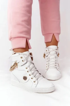 Skórzane Sneakersy Na Koturnie Lewski Shoes 3004-0 Białe