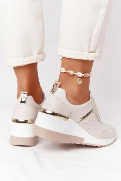 Skórzane Sneakersy Na Koturnie S.Barski Beżowe