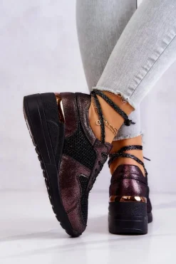 Skórzane Sneakersy Na Koturnie Z Siateczką S.Barski Czarne