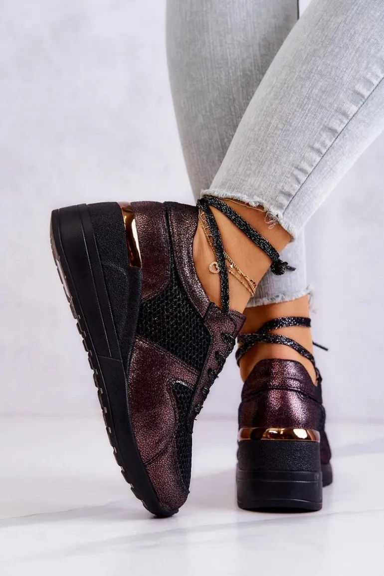 Skórzane Sneakersy Na Koturnie Z Siateczką S.Barski Czarne