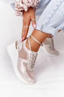 Skórzane Sneakersy Na Koturnie Z Siateczką S.Barski Złote