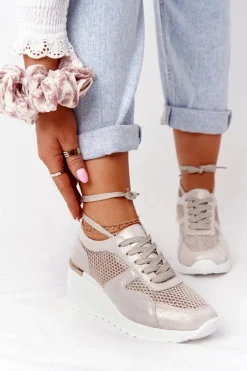 Skórzane Sneakersy Na Koturnie Z Siateczką S.Barski Złote