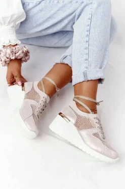 Skórzane Sneakersy Na Koturnie Z Siateczką S.Barski Złote