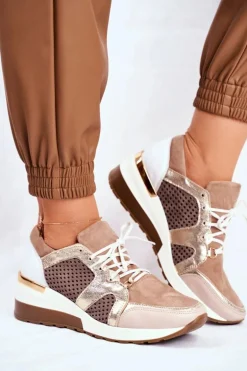 Skórzane Sneakersy Na Koturnie Beżowe Nicole 2562