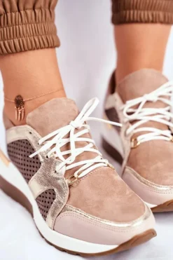 Skórzane Sneakersy Na Koturnie Beżowe Nicole 2562