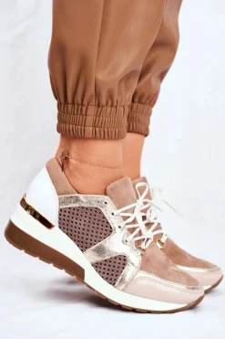Skórzane Sneakersy Na Koturnie Beżowe Nicole 2562