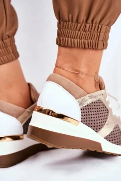 Skórzane Sneakersy Na Koturnie Beżowe Nicole 2562