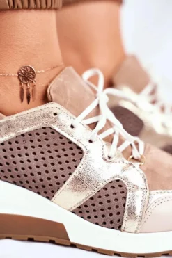 Skórzane Sneakersy Na Koturnie Beżowe Nicole 2562
