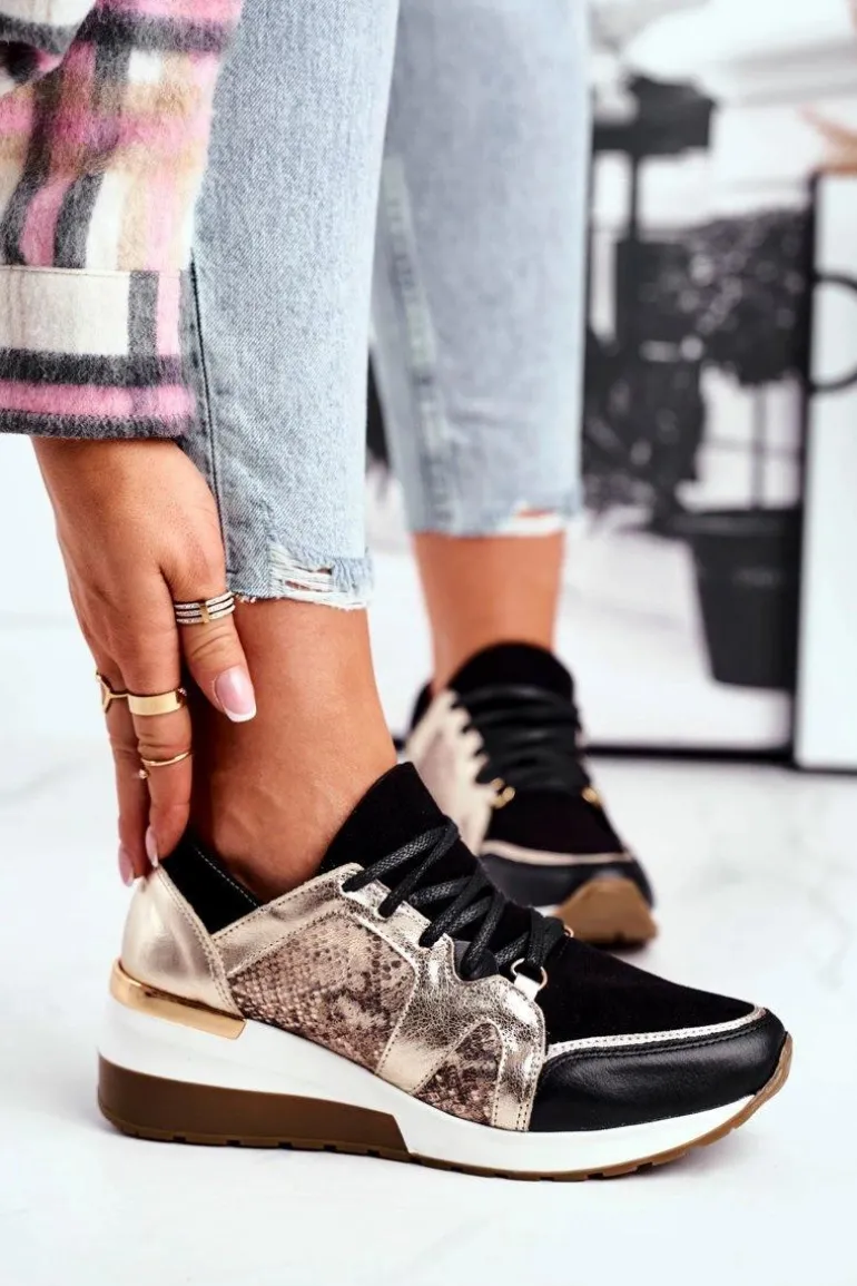 Skórzane Sneakersy Na Koturnie Złote Nicole 2465