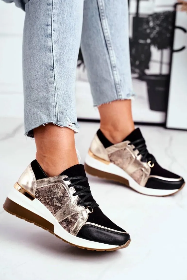 Skórzane Sneakersy Na Koturnie Złote Nicole 2465