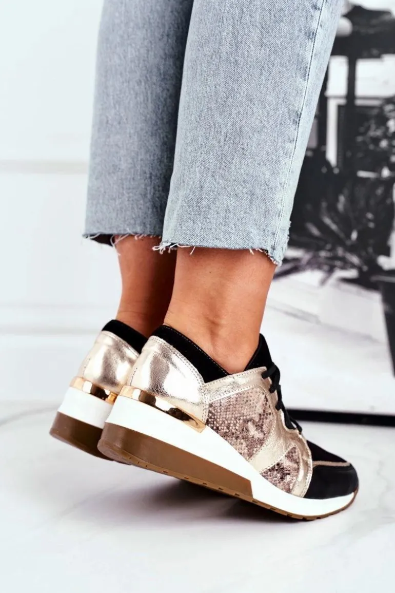 Skórzane Sneakersy Na Koturnie Złote Nicole 2465