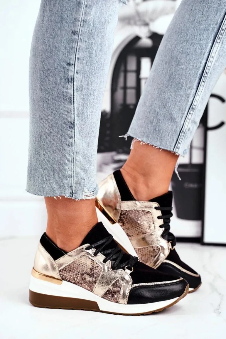 Skórzane Sneakersy Na Koturnie Złote Nicole 2465